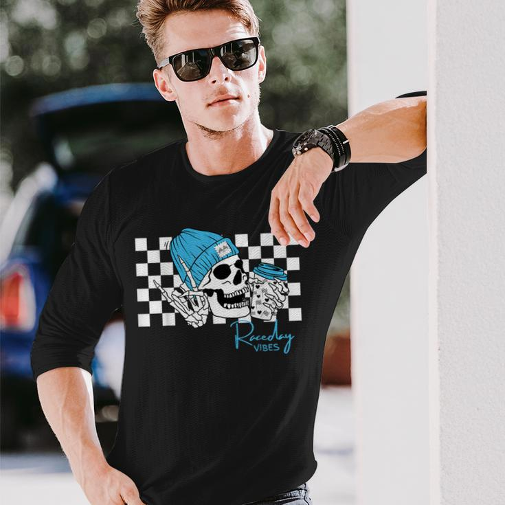 Raceday Vibes Checkered Flag Racing Skull Dirt Track Racing Long Sleeve T-Shirt Gifts for Him