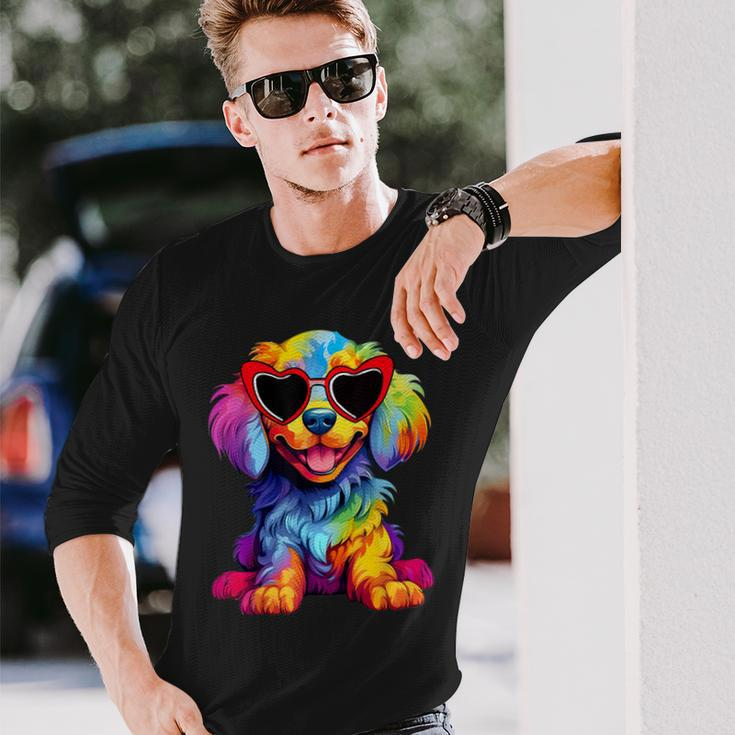 Rainbow Cute Dog Wearing Glasses Heart Puppy Love Dog Long Sleeve T-Shirt Gifts for Him