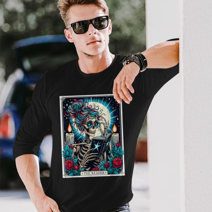 The Reader Tarot Card Book Lover Skeleton Reading Book Long Sleeve T-Shirt Gifts for Him