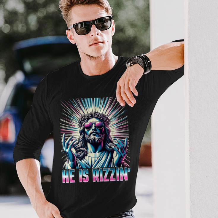 Resurrection Easter Rizz He Is Rizzin Jesus Long Sleeve T-Shirt Gifts for Him
