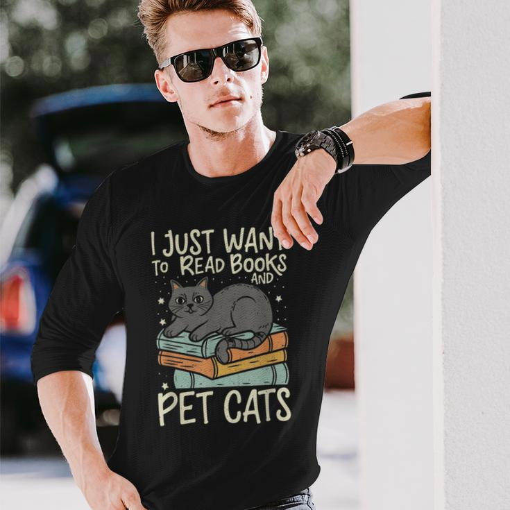 Retro I Just Want To Read Books And Pet Cats Cat Long Sleeve T-Shirt Gifts for Him