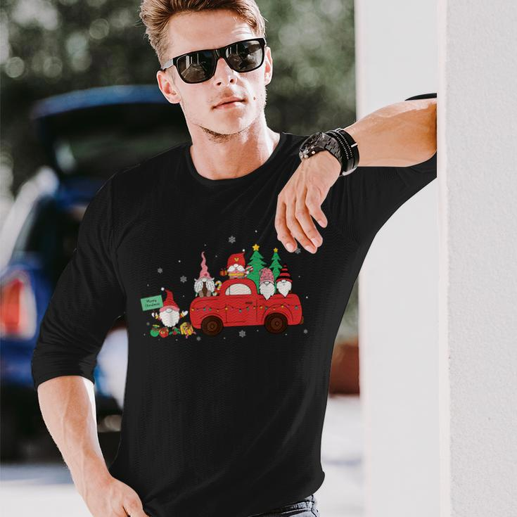 Retro Red Truck Christmas Tree With Gnome Gnomies Farming Long Sleeve T-Shirt Gifts for Him
