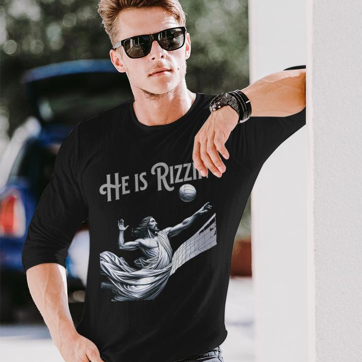 He Is Rizzin Jesus Playing Volleyball Sports Rizz Long Sleeve T-Shirt Gifts for Him