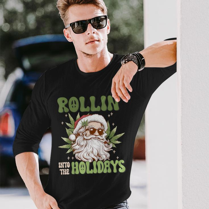 Rollin Into The Holidays Santa Black Marijuana Christmas Long Sleeve T-Shirt Gifts for Him