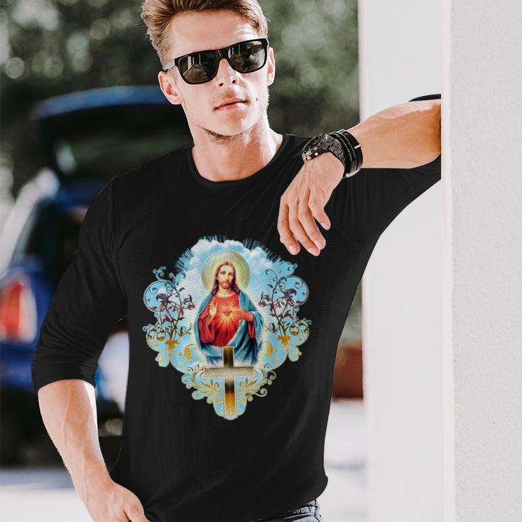 Sacred Heart Of Jesus Christ Vintage Cross Catholic Long Sleeve T-Shirt Gifts for Him