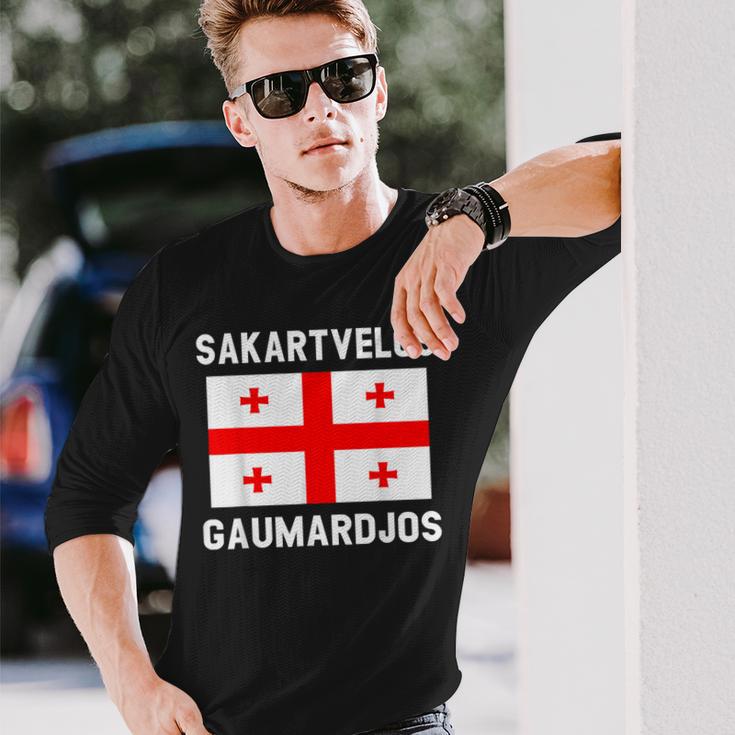 Sakartvelos Gaumarjos Hallo Georgien Reisen Georgische Flagg Langarmshirts Geschenke für Ihn