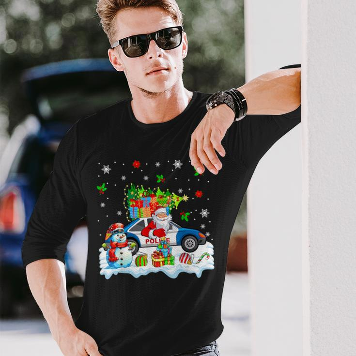Santa Carrying Christmas Tree On Police Car Snowman Driver Long Sleeve T-Shirt Gifts for Him