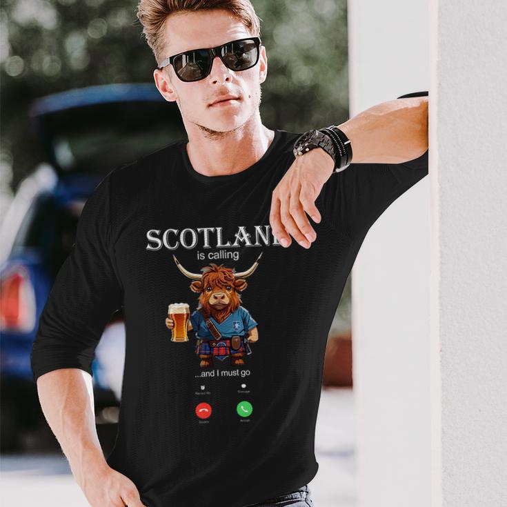 Scotland Is Calling I And I Must Go Highland Cow Scottish Long Sleeve T-Shirt Gifts for Him