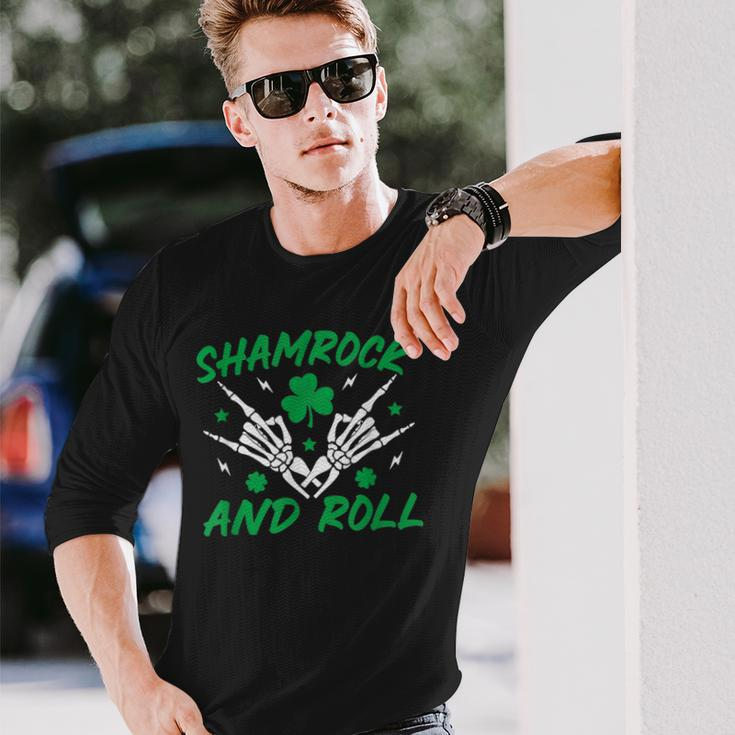 Shamrock And Roll Rock And Roll Saint Patrick's Day Skull Long Sleeve T-Shirt Gifts for Him