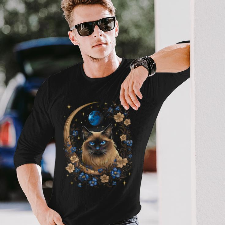 Siamese Cat Moon Surrounded By Flowers Long Sleeve T-Shirt Gifts for Him