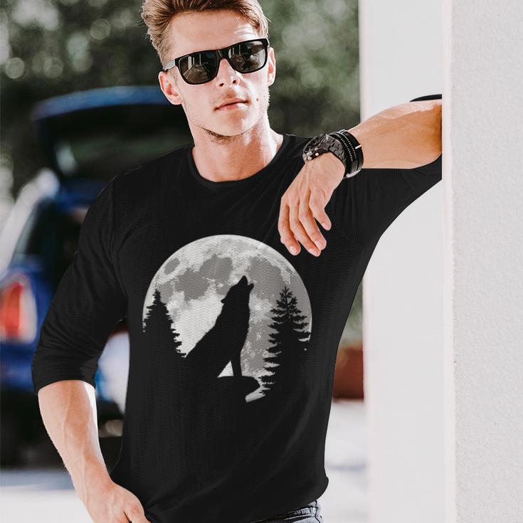 Silhouette De Loup Hurlant Devant La Pleine Lune T-shirt à manches la pleine luneＴシャツ