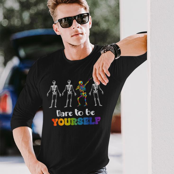 Skeleton Dabbing Dare To Be Yourself Autism Awareness Long Sleeve T-Shirt Gifts for Him