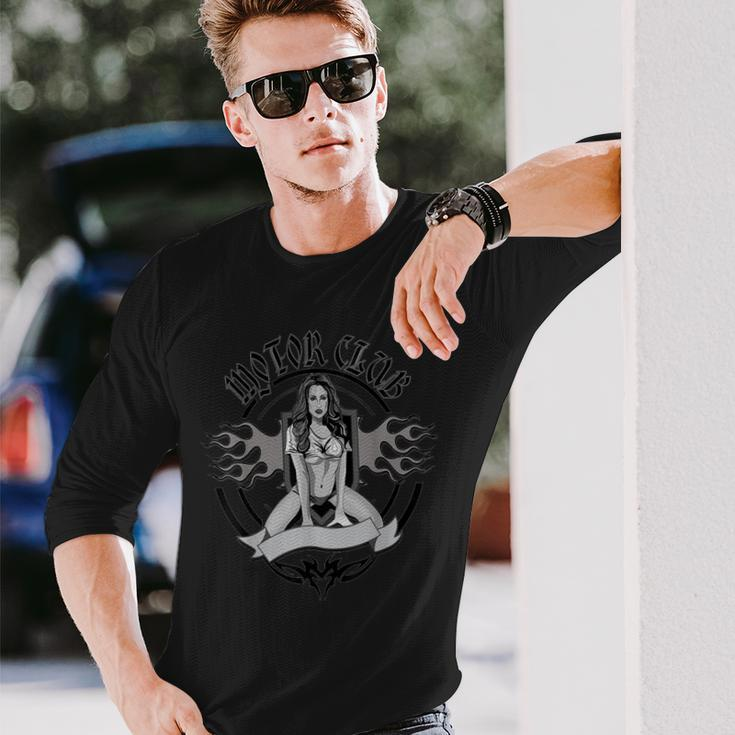 Skull Motorcycle Biker Babe Hot Chick Sexy Flames Long Sleeve T-Shirt Gifts for Him