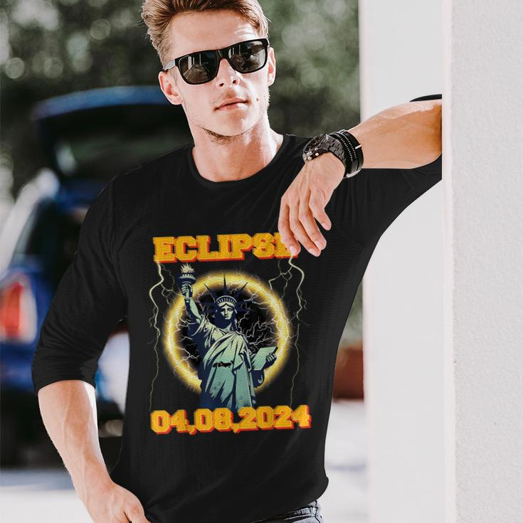 Solar Eclipse 2024 New York Statue Of Liberty Vantage Long Sleeve T-Shirt Gifts for Him