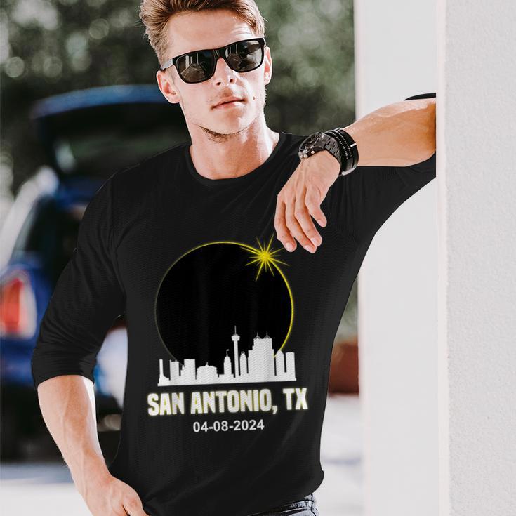 Solar Eclipse 2024 San Antonio Skyline Texas Solar Eclipse Long Sleeve T-Shirt Gifts for Him