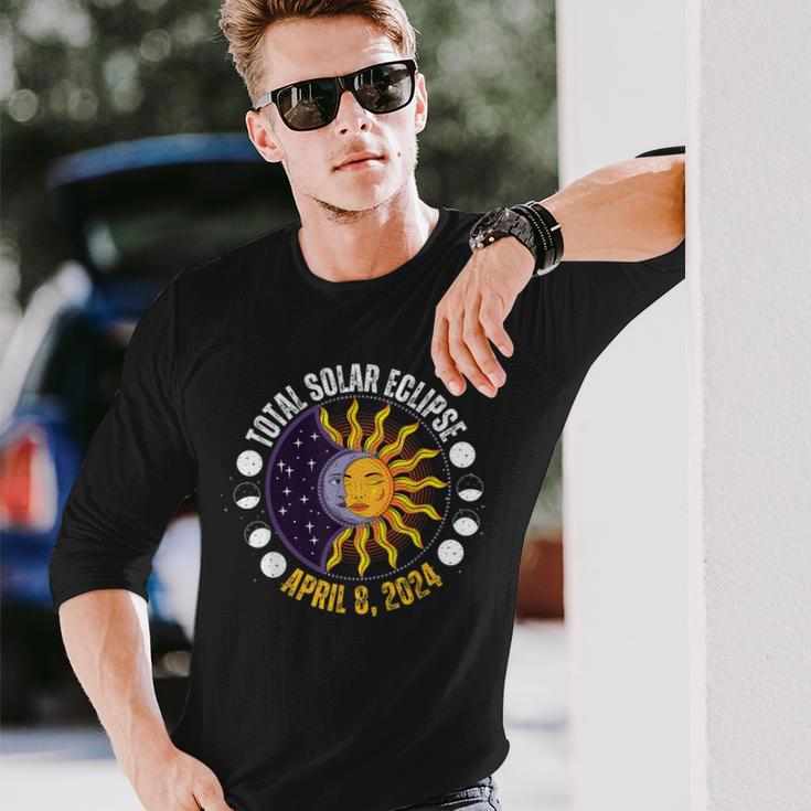 Solar Eclipse 8-4-2024 Eclipse With Sun Crescent Moon Long Sleeve T-Shirt Gifts for Him