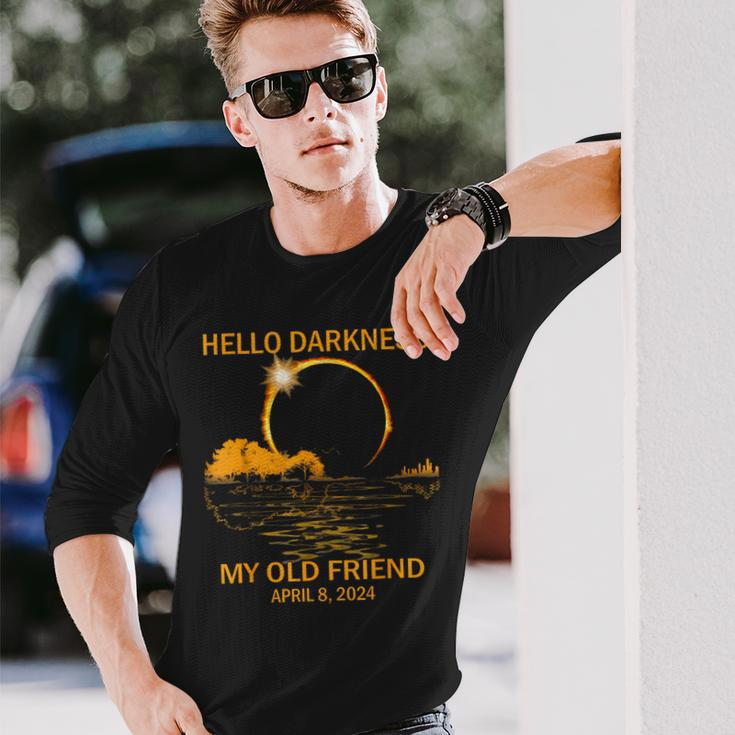 Solar Eclipse April 08 2024 Hello Darkness My Old Friend Long Sleeve T-Shirt Gifts for Him