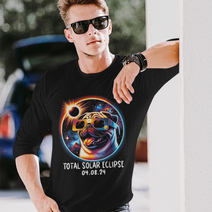 Solar Eclipse Pug Wearing Glasses Pet April 8 2024 Long Sleeve T-Shirt Gifts for Him