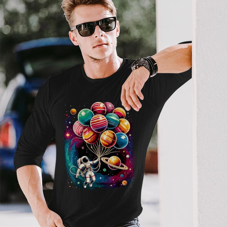 Solar System Astronaut Holding Planet Balloons Stem Long Sleeve T-Shirt Gifts for Him