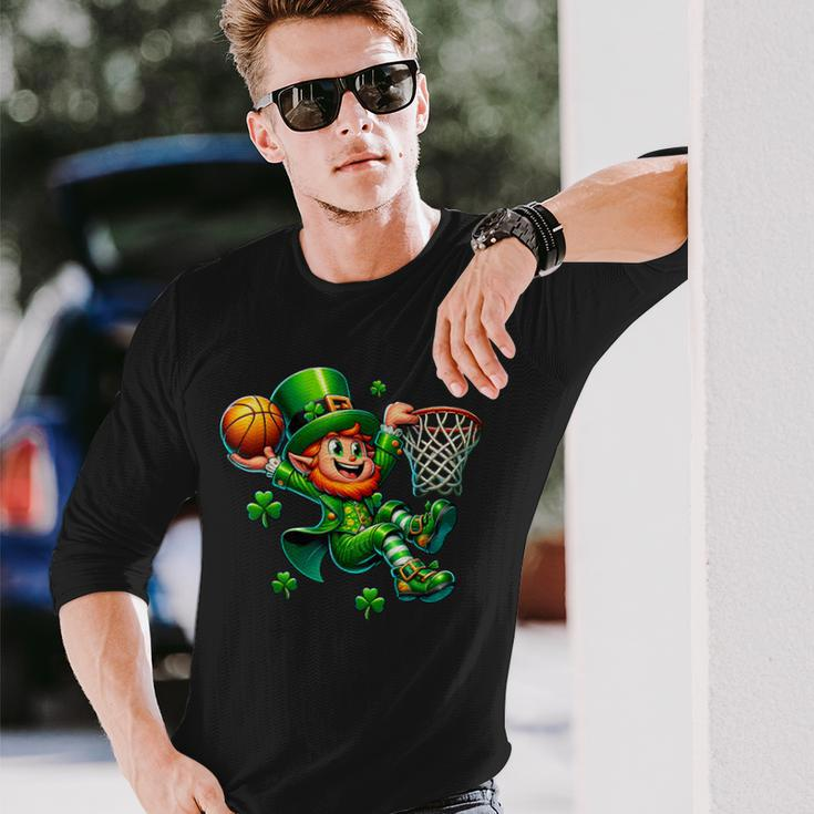 St Patrick's Day Basketball Irish Leprechaun Slam Dunk Long Sleeve T-Shirt Gifts for Him