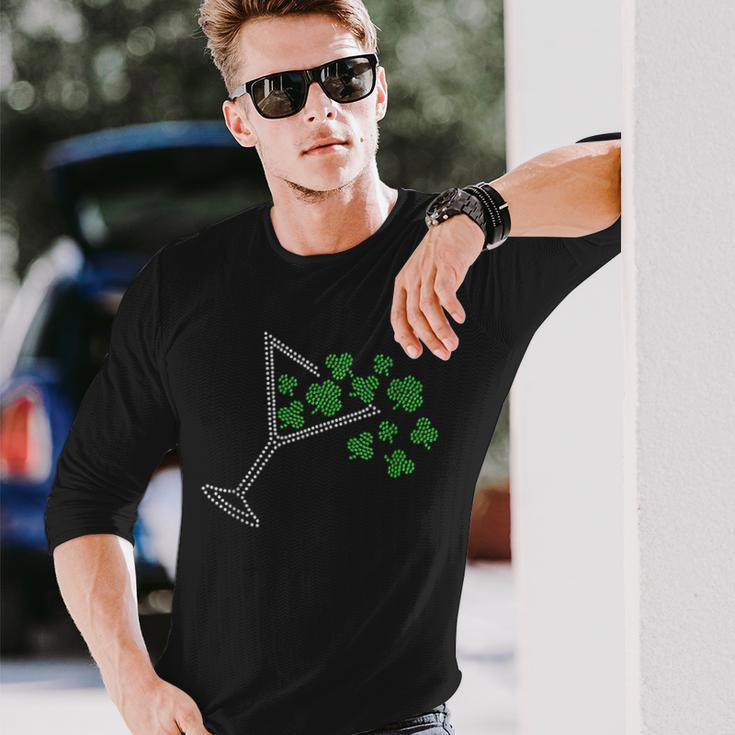 St Patrick's Day Martini Clover Bling Rhinestone Paddy's Day Long Sleeve T-Shirt Gifts for Him