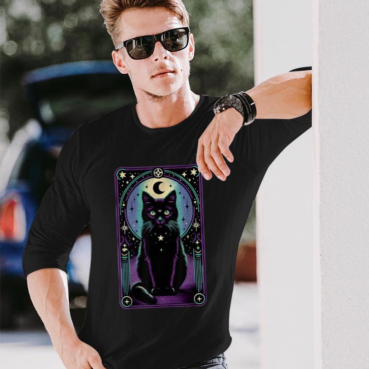 Tarot Card Crescent Moon Black Cat Lover Tarot Cat Vintage Long Sleeve T-Shirt Gifts for Him