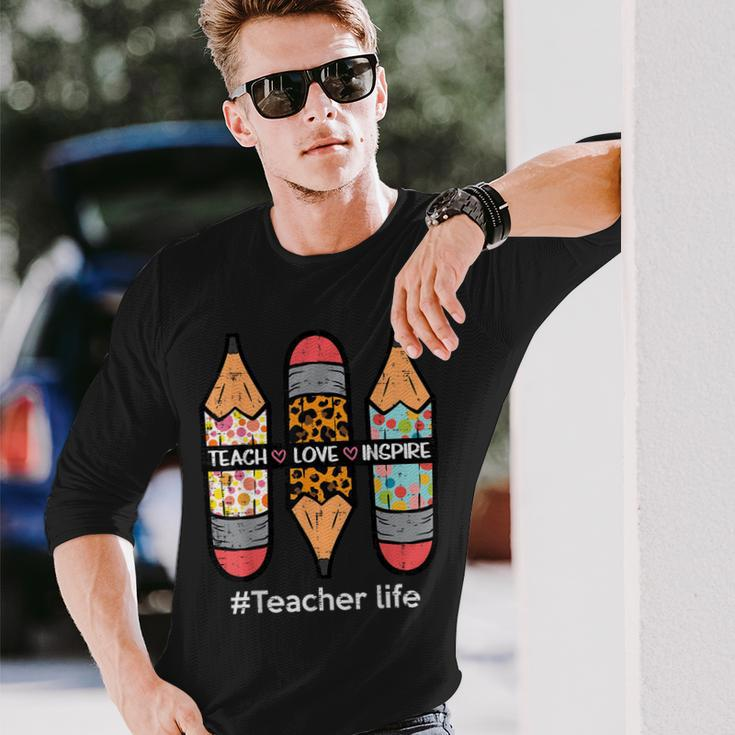 Teacher Life Teach Love Inspire Pencils Inspirational Women Long Sleeve T-Shirt Gifts for Him