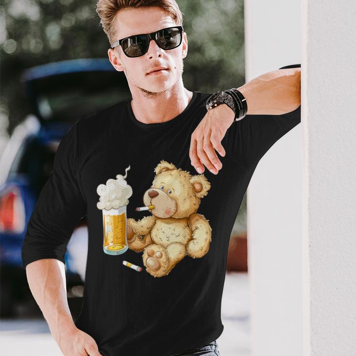 Teddy Bear Smokes And Drinks Beer For Men's Day Father's Day Long Sleeve T-Shirt Gifts for Him