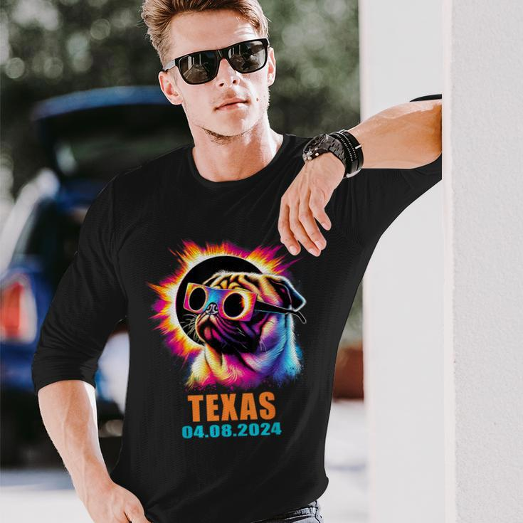 Texas Total Solar Eclipse 2024 Pug Dog With Glasses Long Sleeve T-Shirt Gifts for Him