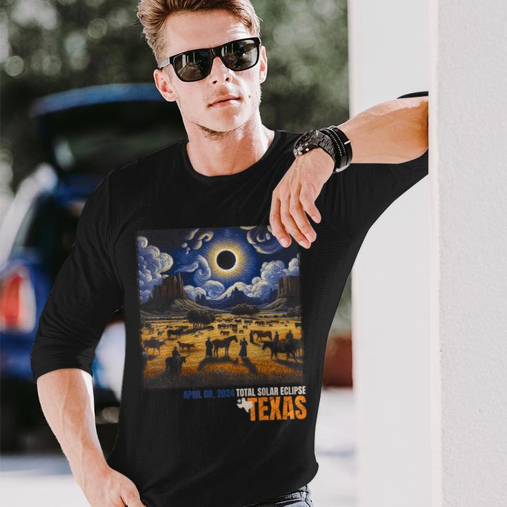 Texas Total Solar Eclipse Retro April 8 2024 Astronomy Long Sleeve T-Shirt Gifts for Him