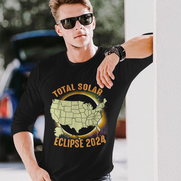 Total Solar Eclipse 2024 American Us Map Colorful Long Sleeve T-Shirt Gifts for Him