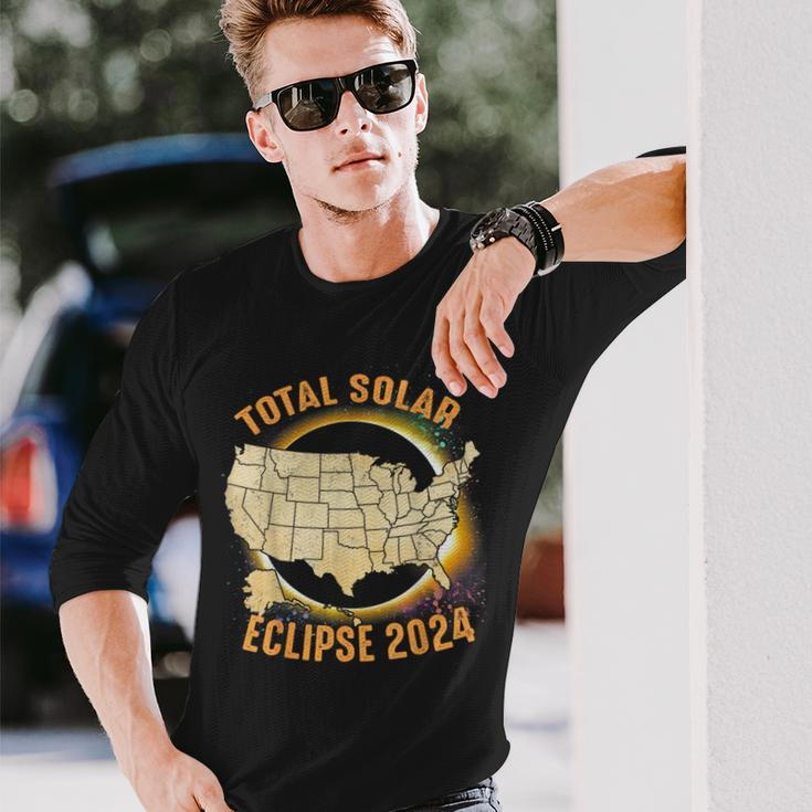 Total Solar Eclipse 2024 Totality Us Map Colorful Long Sleeve T-Shirt Gifts for Him
