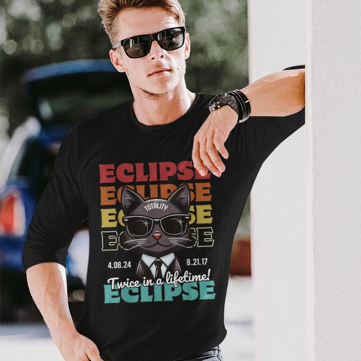 Total Solar Eclipse 2024 Twice In A Lifetime Totality Cat Long Sleeve T-Shirt Gifts for Him