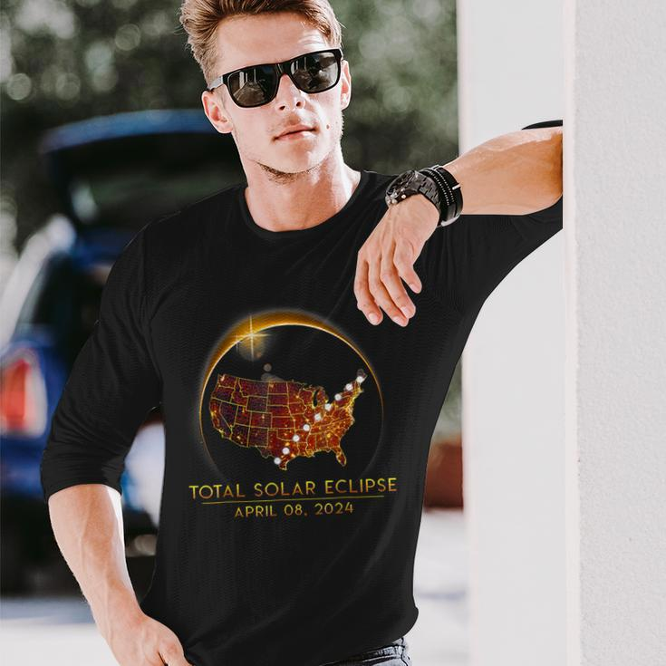 Total Solar Eclipse April 8 2024 America Map Totality Long Sleeve T-Shirt Gifts for Him