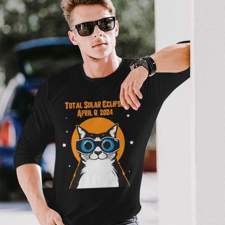 Total Solar Eclipse April 8Th 2024 Cat Wearing Eclipse Glass Long Sleeve T-Shirt Gifts for Him