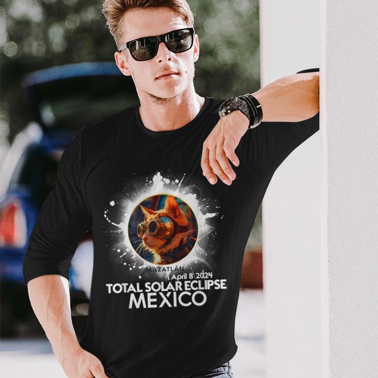 Total Solar Eclipse Mazatlan Mexico 2024 Astronomy Cat Long Sleeve T-Shirt Gifts for Him