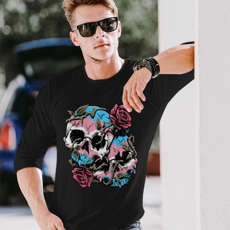 Transgender Pride Trans Flag Skull Roses Subtle Lgbtq Long Sleeve T-Shirt Gifts for Him