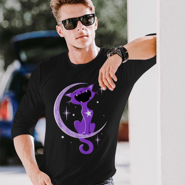 Trendy Purple Cat Crescent Moon Howl Long Sleeve T-Shirt Gifts for Him