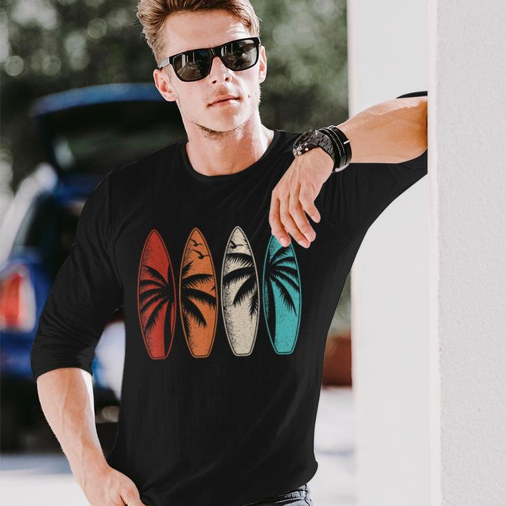 Tropical Hawaii Palm Tree Surfing Beach Surfboard Retro Surf Long Sleeve T-Shirt Gifts for Him