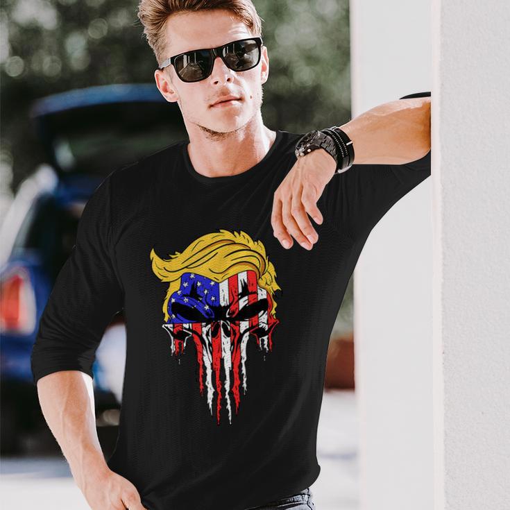 Trump Skull Usa Flag Hair President Long Sleeve T-Shirt Gifts for Him