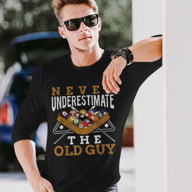 Never Underestimate The Old Guy Retro Pool Billiards Grandpa Long Sleeve T-Shirt Gifts for Him