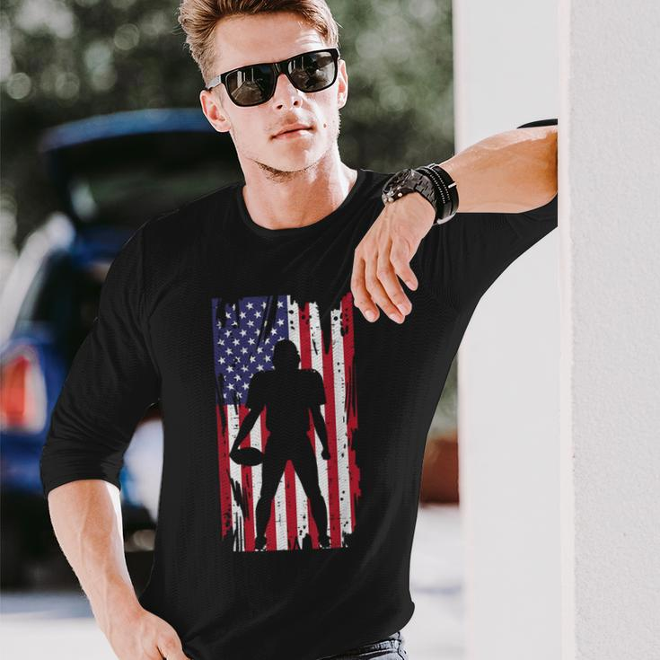 Us Flag American Football Player Silhouette Vintage Patriot Long Sleeve T-Shirt Gifts for Him