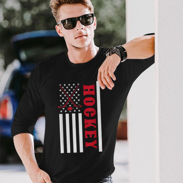 Usa Flag Patriotic American Pride Hockey Player Hockey Long Sleeve T-Shirt Gifts for Him