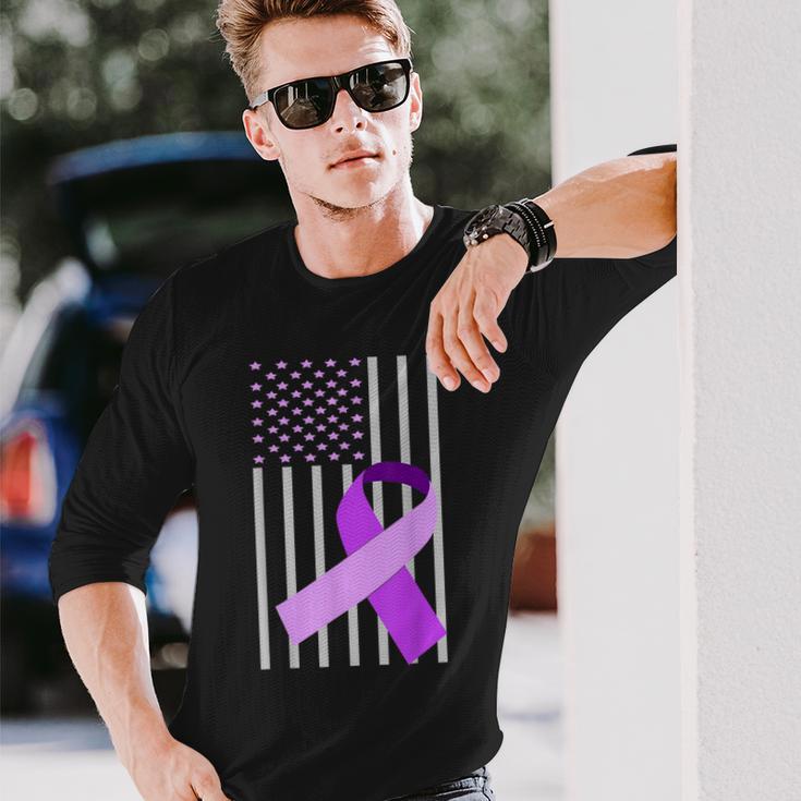 Usa Flag Purple Ribbon Alzheimer Awareness Family Long Sleeve T-Shirt Gifts for Him