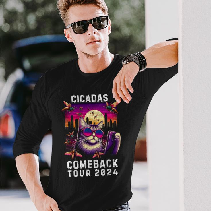 Vintage Cat Selfie With Cicada Comeback Summer Tour 2024 Long Sleeve T-Shirt Gifts for Him