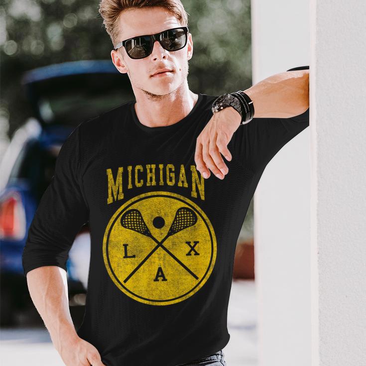 Vintage Michigan Lacrosse Distressed Lax Long Sleeve T-Shirt Gifts for Him