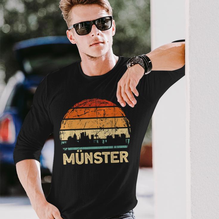 Vintage Münster Skyline Sonnenuntergang Langarmshirts, Retro Design Tee Geschenke für Ihn