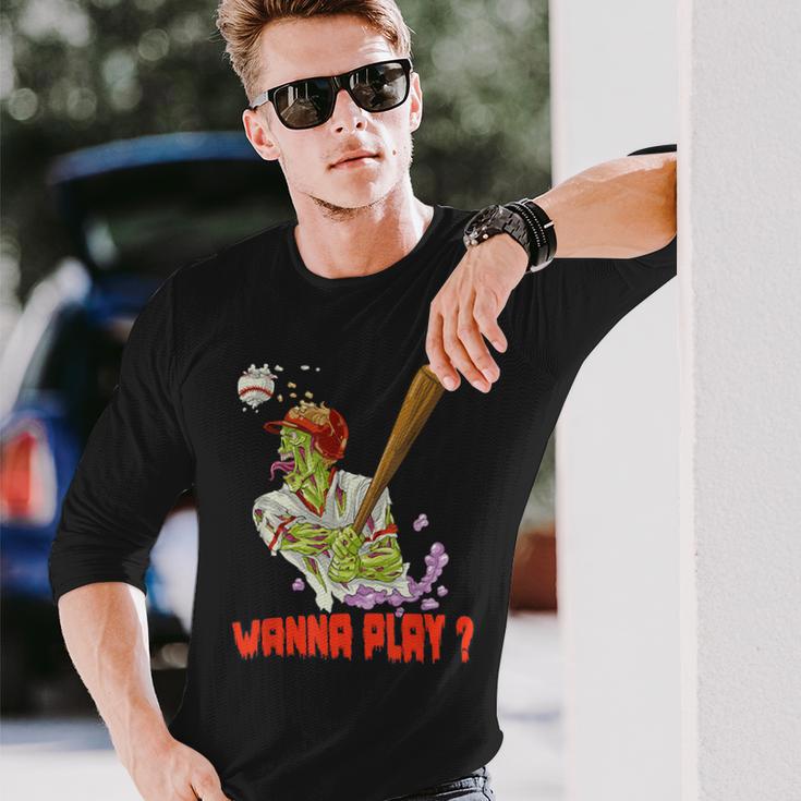 Wanna Play Zombie Baseball Player Long Sleeve T-Shirt Gifts for Him