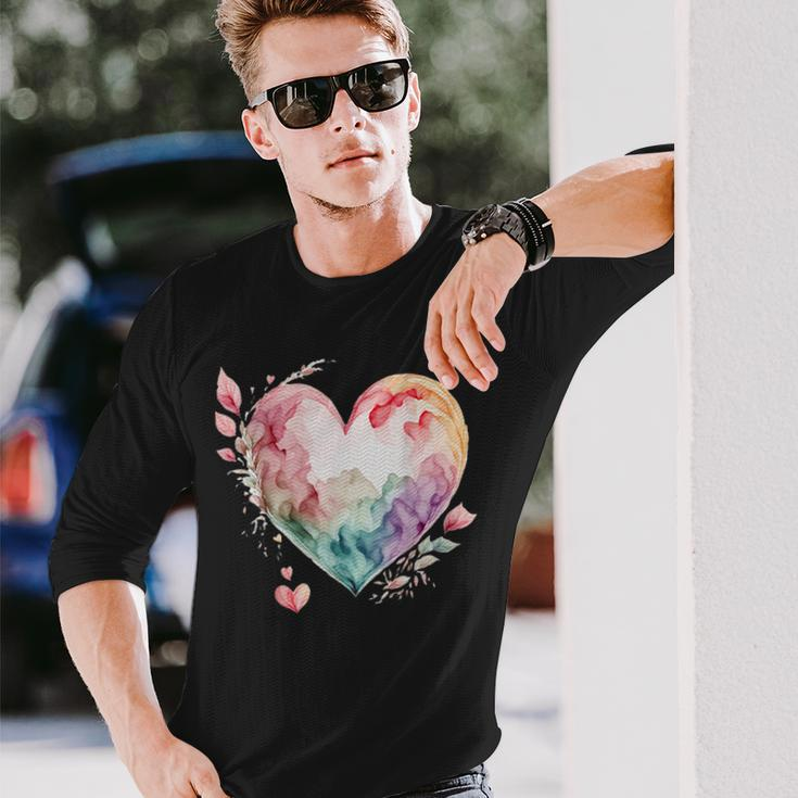 Watercolor Heart Valentine's Day Vintage Graphic Valentine Long Sleeve T-Shirt Gifts for Him