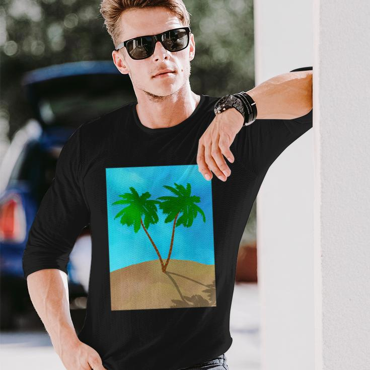 Watercolor Palm Tree Beach Scene Collage Long Sleeve T-Shirt Gifts for Him